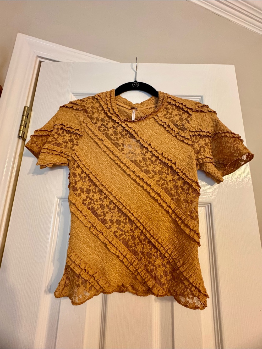 Free People Women's Mustard Lace Ruffle Short-Sleeve Top
